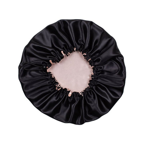 Touca Noturna Cetim Preto com Rosa
