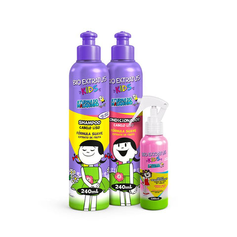 Kit Kids Cabelo Liso Shampoo, Condicionador e Spray Desembaraçante